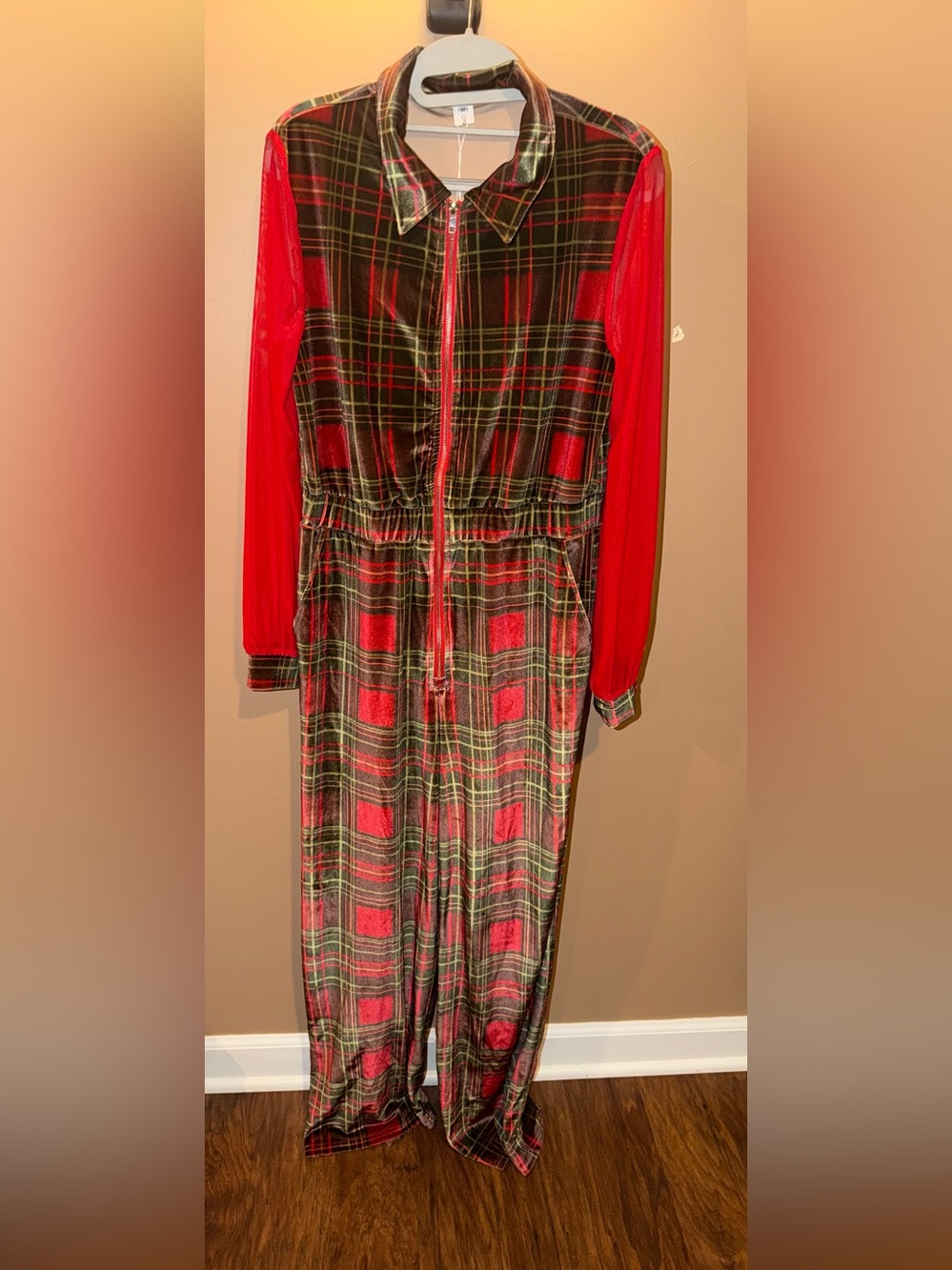 Plaid Velvet Long-Sleeve Jumpsuit Dress with Red Sleeves